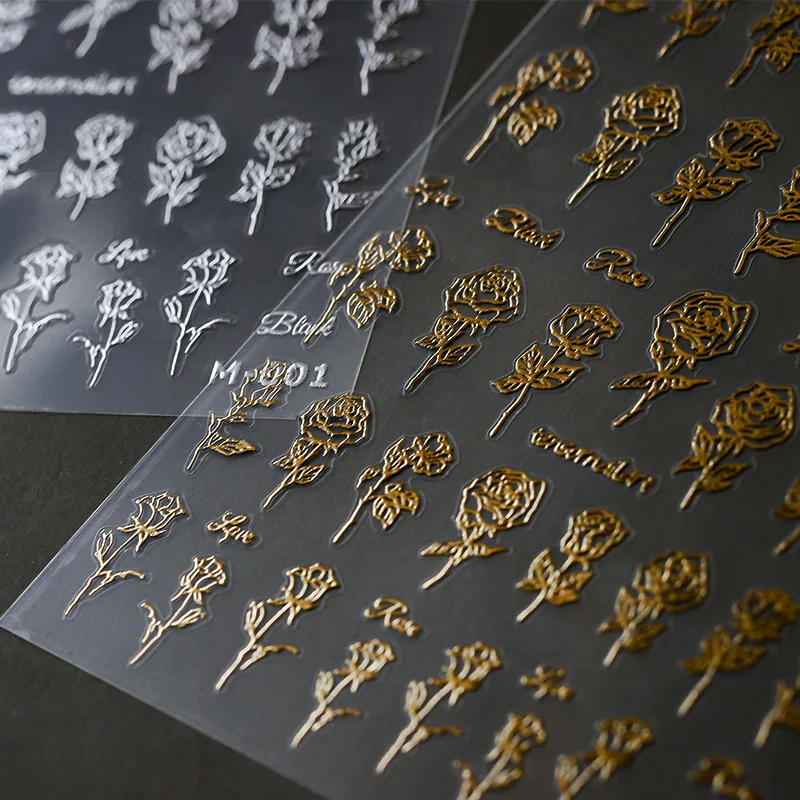 Разноцветные Бронзовые розы, 3D самоклеящиеся наклейки для дизайна ногтей, лазерные серебряные наклейки для ногтей из розового золота, Шикарная Оптовая продажа