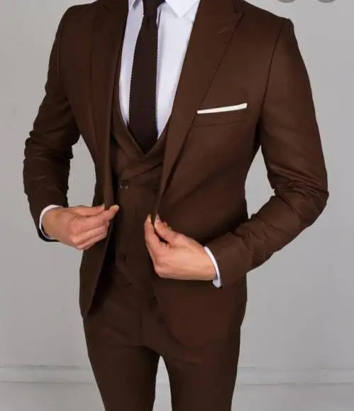 Последние коричневые мужские костюмы, смокинг для выпускного вечера, приталенный комплект из 3 предметов (куртка + брюки + жилет), блейзер для жениха, Terno Masuclino