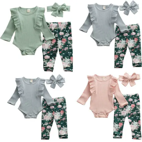 Citgeett/ Весенне-осенняя одежда для новорожденных девочек, топы, однотонный комбинезон, штаны с цветочным рисунком, весенний комплект одежды с повязкой на голову