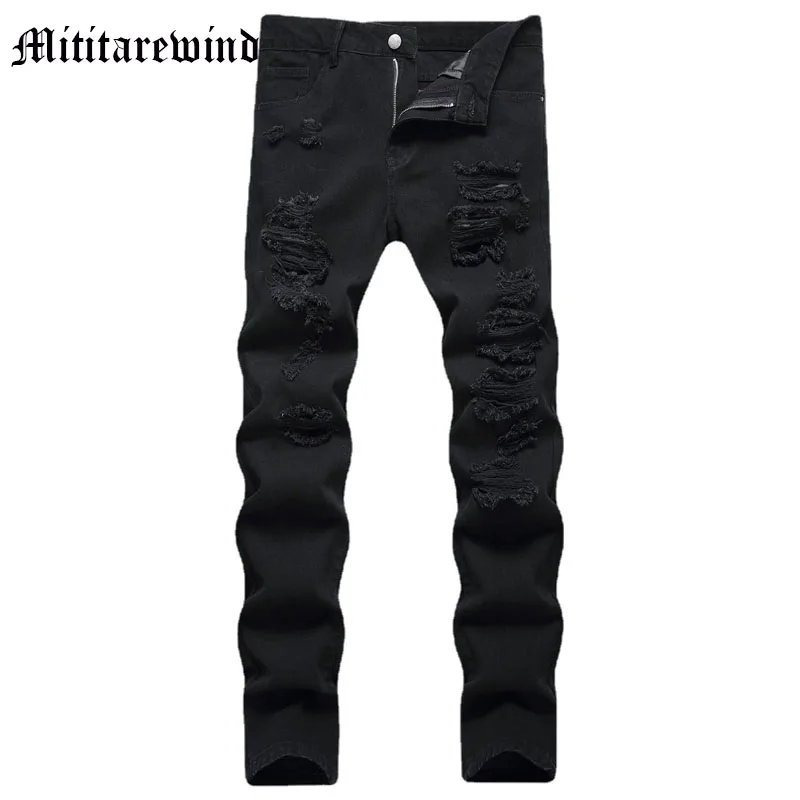 Лето 2023, Мужские узкие брюки полной длины, Уличные повседневные эластичные джинсы-карандаш, Прямые рваные винтажные черные брюки в стиле хип-хоп