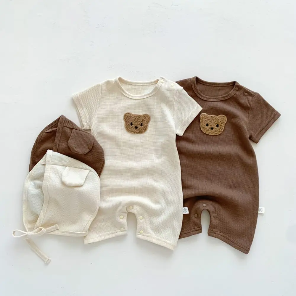 Летняя одежда, боди с короткими рукавами, пуловер с круглым вырезом для новорожденных мальчиков и девочек, хлопковый вафельный Тонкий мягкий комбинезон с вышивкой Медведя.