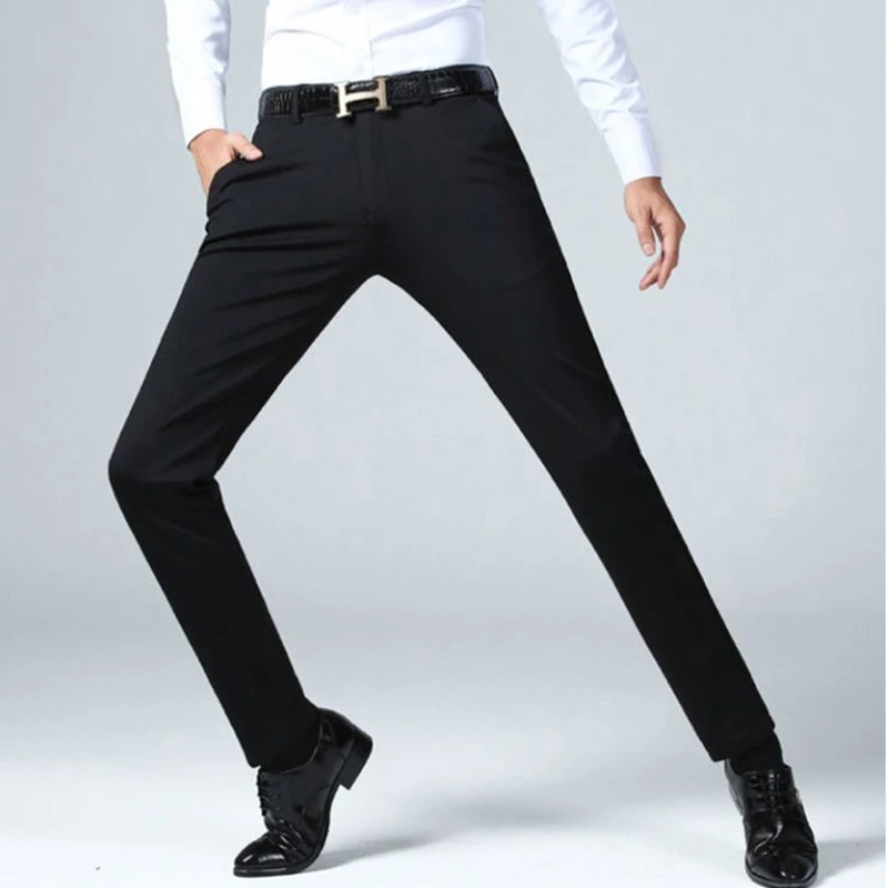 Летние Тонкие мужские повседневные брюки, эластичные повседневные брюки, рабочие брюки, свободные дышащие брюки, деловые модные облегающие брюки-стрейч
