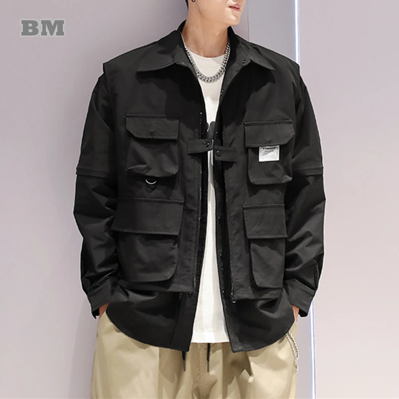 Японская уличная одежда, Высококачественная Съемная куртка с подкладкой на рукаве, Harajuku, Повседневное пальто с несколькими карманами, Мужская одежда, рубашка в стиле хип-хоп