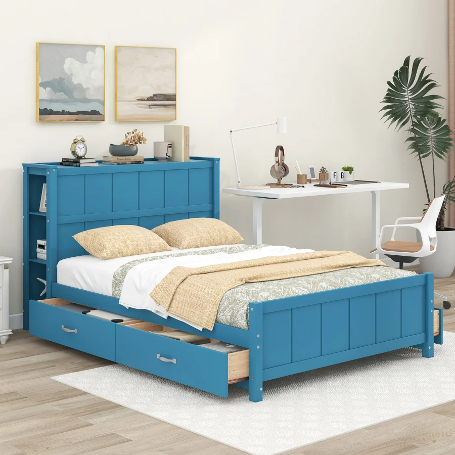 Полноразмерная кровать-платформа с выдвижными ящиками и полками для хранения, синий