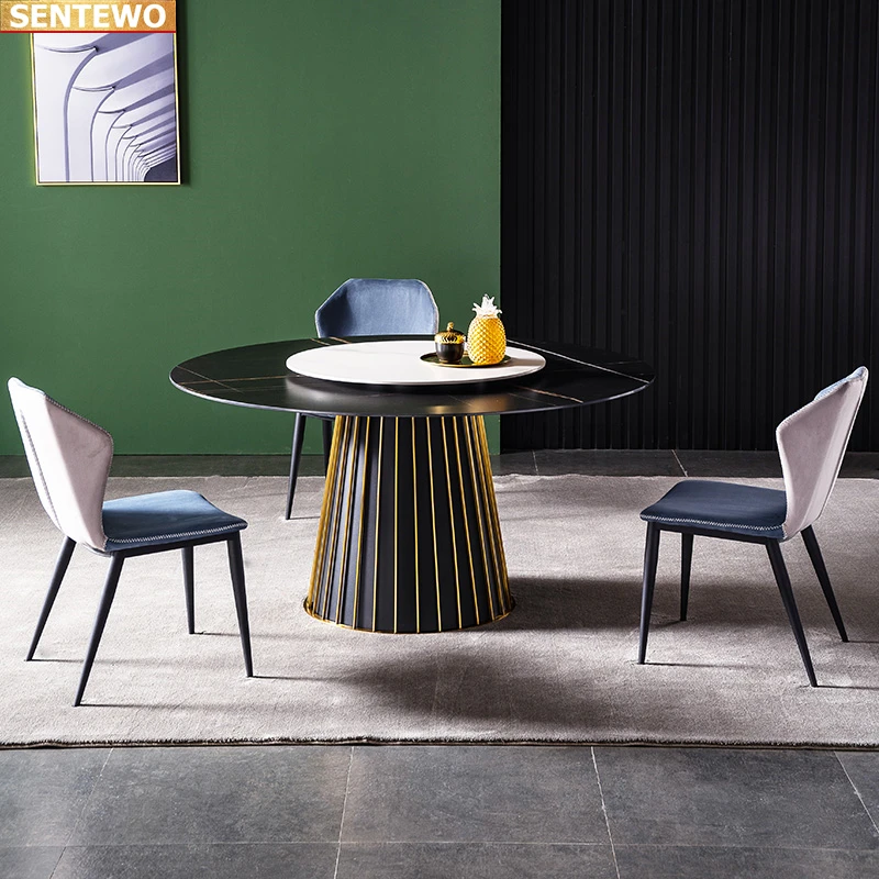 Роскошный дизайнерский обеденный стол из круглой мраморной плиты, 8 стульев, мебель mesa de jantar tablo, нержавеющая сталь, золотое основание