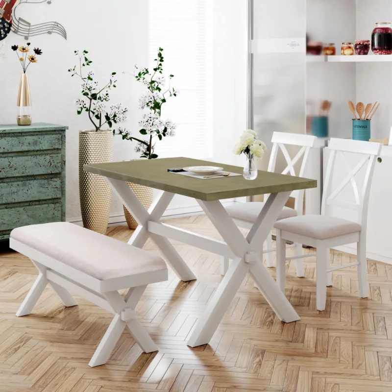 TOPMAX 4 предмета Кухонный обеденный стол из деревенского дерева в загородном стиле с мягкой обивкой, 2 стула с Х-образными спинками и скамейка \ Серый