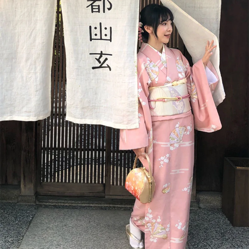 Женское японское платье-кимоно С белым цветочным принтом Obi, одежда для фотосессии на сцене, халат Гейши, косплей-костюм