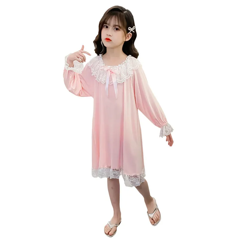 Весенне-летние кружевные платья для сна принцессы для маленьких девочек из модальной ткани с длинным рукавом, детская ночная рубашка, детская пижама, пижамы