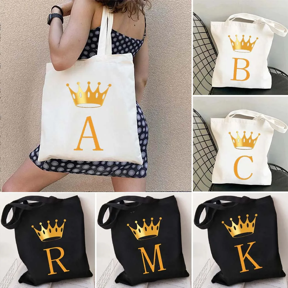 Godlen Alphabet Crown, начальная буква A B C K R Z, Модная Женская сумка для покупок, Женские сумки на плечо, Милая Холщовая сумка для покупок