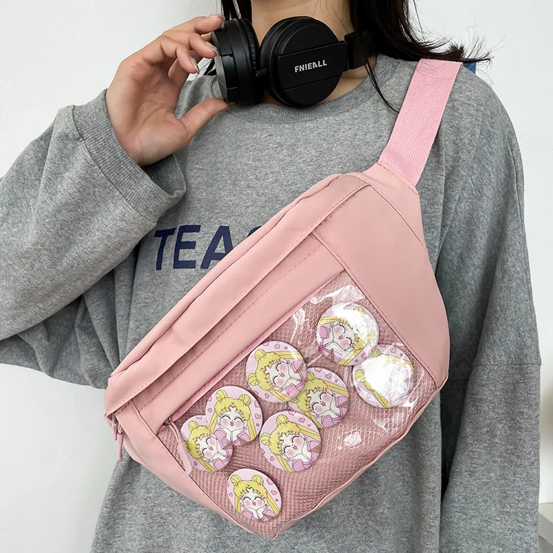 Японская милая нагрудная сумка для девочек большой емкости, новая повседневная поясная сумка, однотонная сумка через плечо, женская сумка