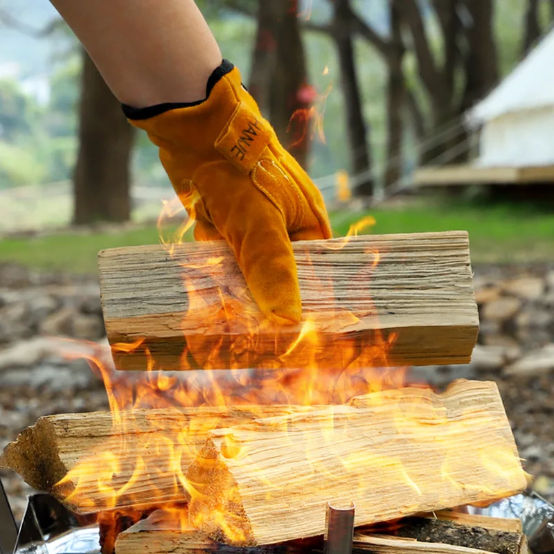 Огнестойкие теплоизоляционные перчатки Кожаные высокотемпературные для кемпинга, пикника, барбекю на открытом воздухе, Утолщенные устойчивые изоляционные перчатки