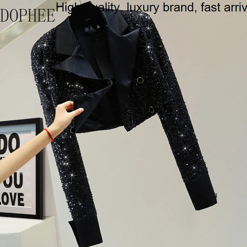 Корея 2023, Новая осенняя женская одежда, высокая талия, блестки, Черный двубортный костюм, пальто, короткая куртка с длинным рукавом, уличная одежда
