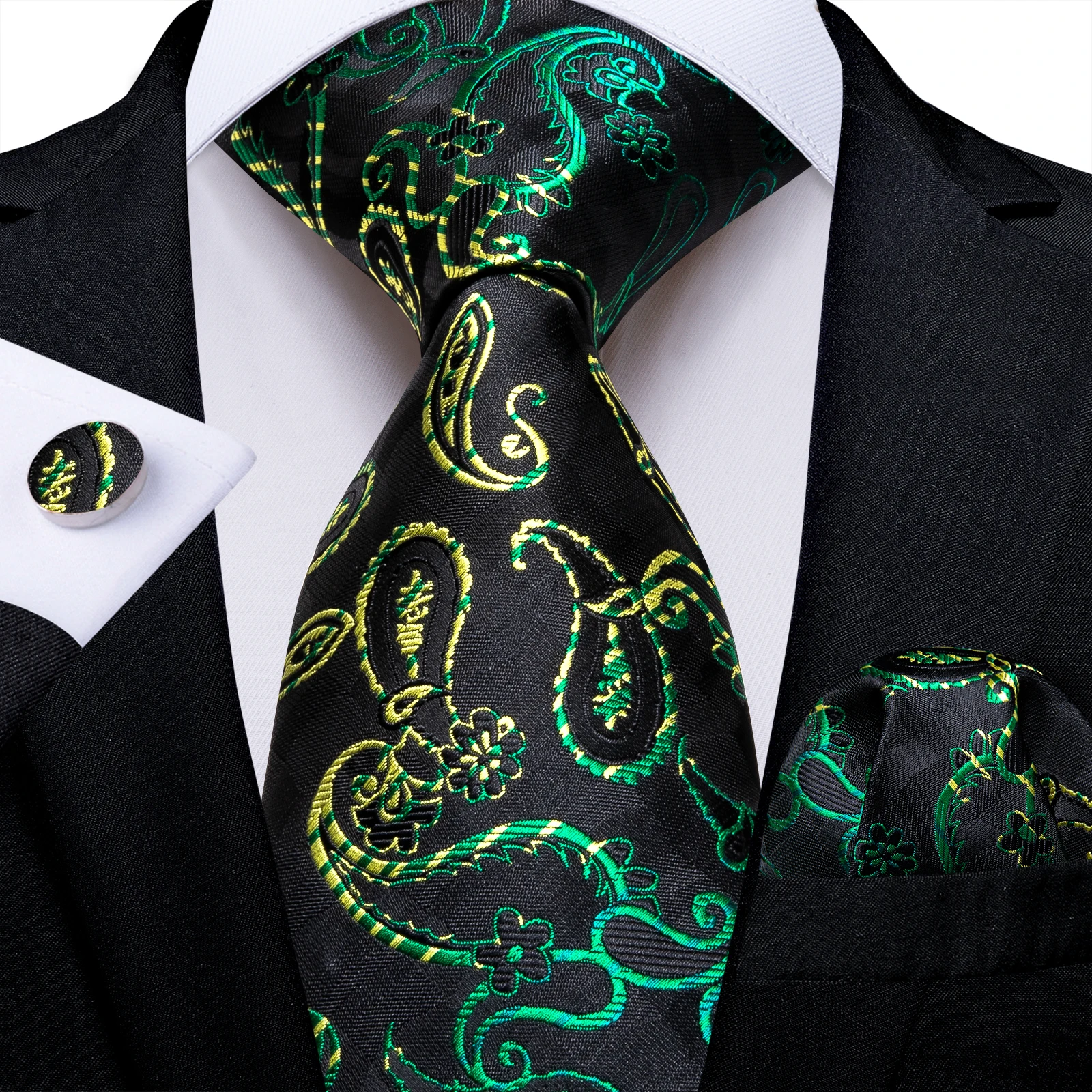 Роскошный мужской набор галстуков из черного шелка с зеленым узором Пейсли 2022, Свадебные Аксессуары, Носовой платок, Запонки, Подарки для мужчин, Прямая поставка