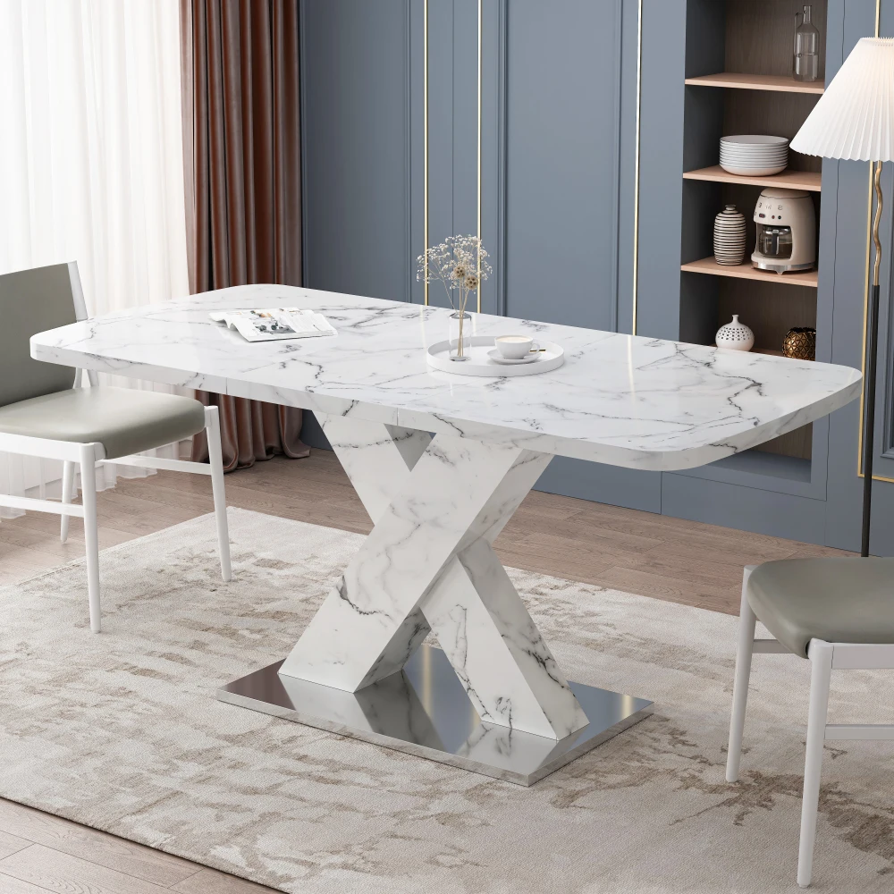 Современный квадратный обеденный стол, растягивающийся, столешница из белого мрамора + Х-образная ножка стола из МДФ с металлическим основанием