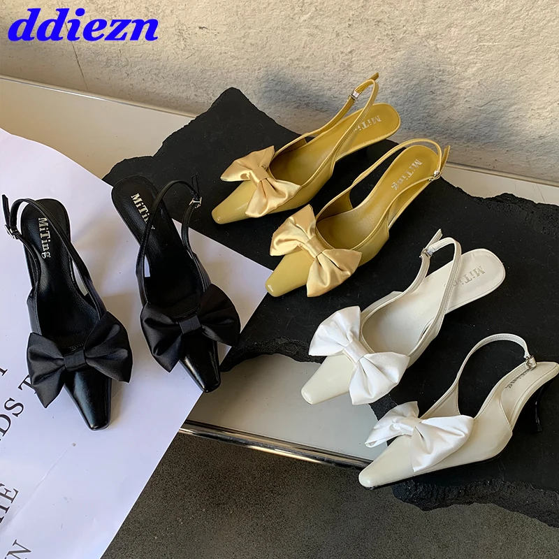 Модные туфли-лодочки с узлом-бабочкой, женские туфли на среднем каблуке класса люкс 2023, Весна-лето, женские шлепанцы, Женские босоножки на каблуке с ремешком и пряжкой