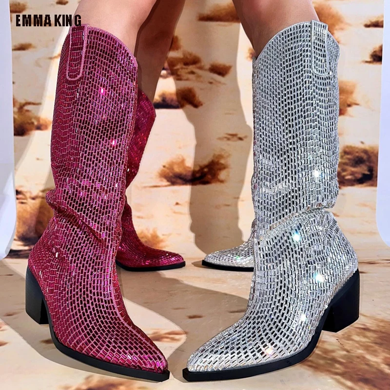 2023 Роскошные Женские ботинки с кристаллами, Сапоги до колена с острым носком, Сексуальные Сапоги на массивном каблуке со Стразами, Сверкающие женские Боты