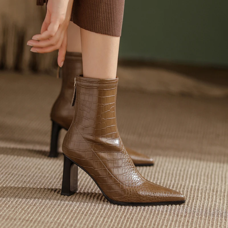 Осенне-зимние женские ботильоны 22-24,5 см, эластичные ботинки с верхом из микрофибры, стельки из свиной кожи с рельефным змеиным рисунком, узкие ботинки
