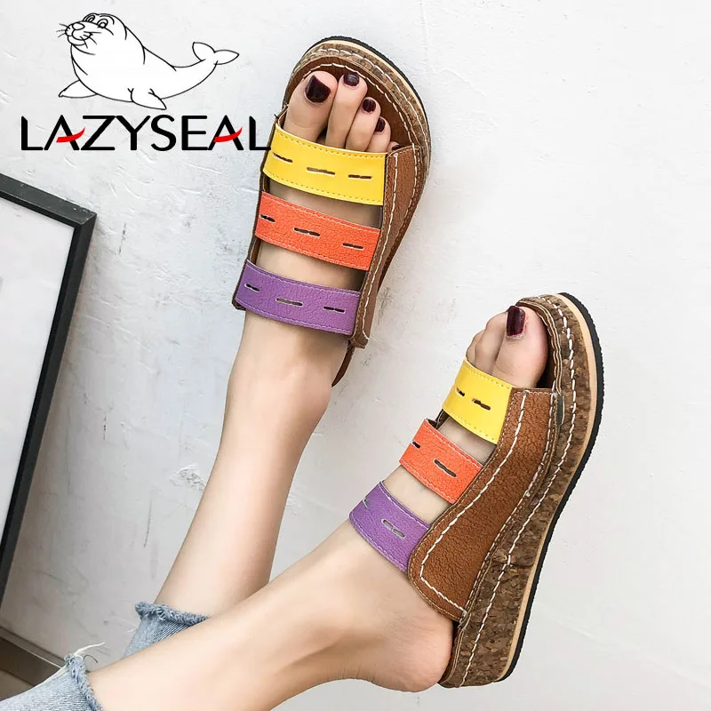 LazySeal/ Новые шлепанцы на платформе, женская летняя обувь, женские шлепанцы на танкетке, модные пляжные шлепанцы с открытым носком, женские шлепанцы-сандалии