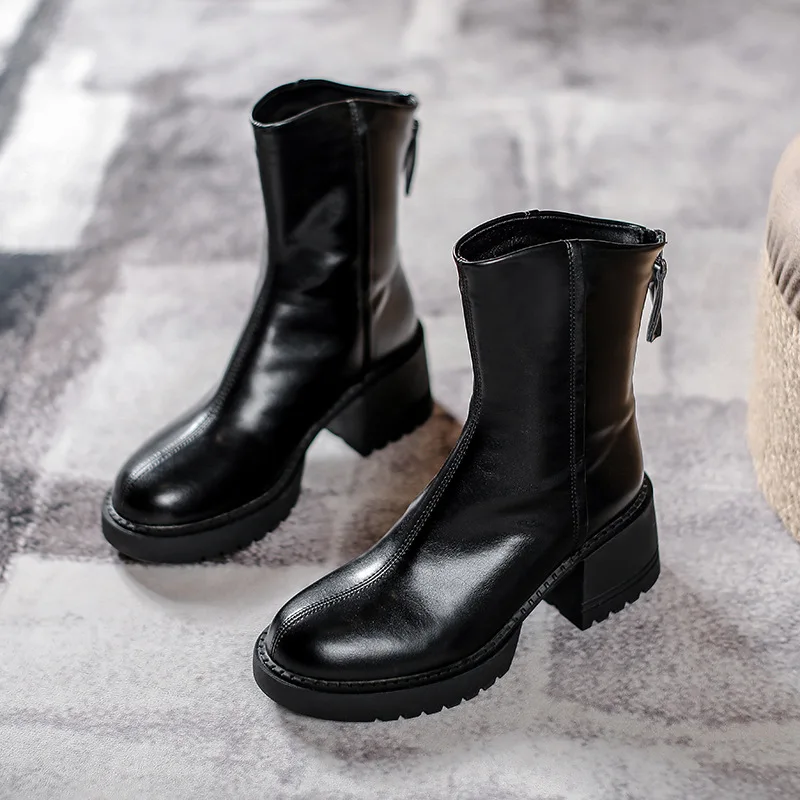 Короткие женские ботинки из искусственной кожи на толстом каблуке высотой 6 см, коричневые, черные женские ботинки, обувь