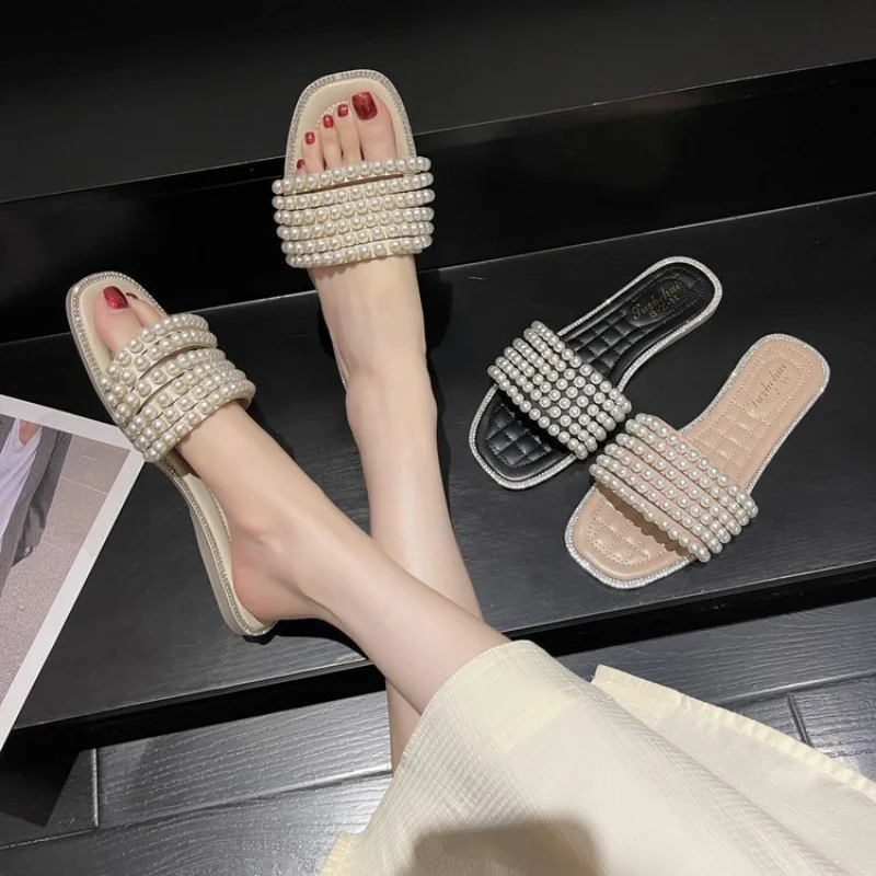 Sandalias/ Красивые брендовые модные тапочки 2023, Весенние французские милые босоножки на низком каблуке, женская обувь на плоской подошве с жемчугом в стиле ретро, Zapatos Mujer