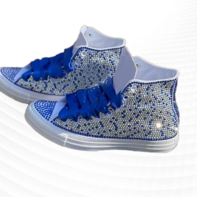 Бежевый высокий верх, серебристо-голубая лента со стразами, парусиновая обувь в индивидуальном стиле, спортивная повседневная обувь, женская обувь 35-46