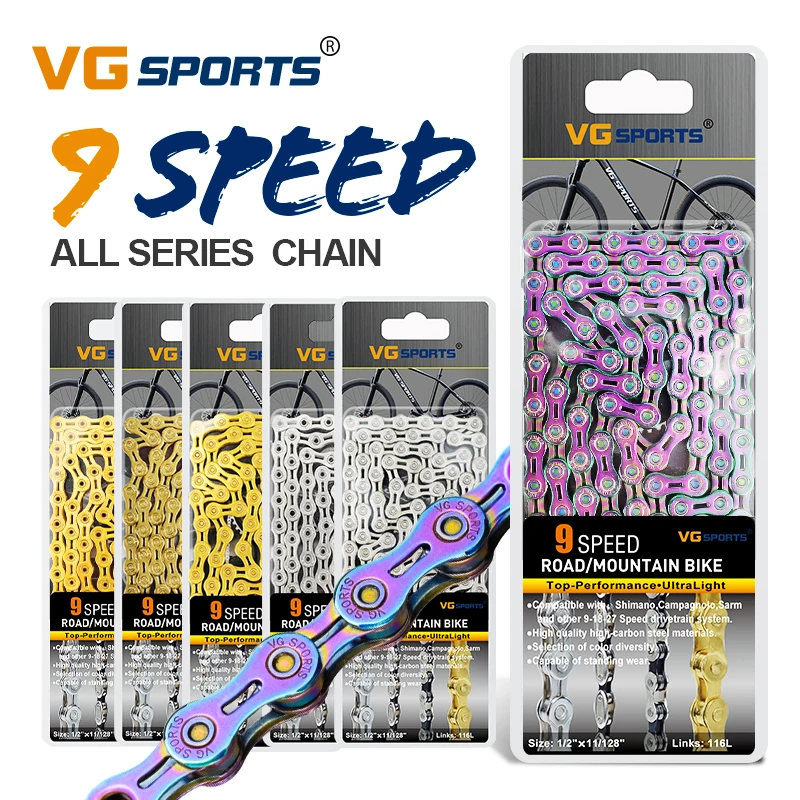 Велосипедная цепь VG Sports с 9 скоростями, наполовину / полностью полая, титан, золото, серебро 116 л, с недостающим звеном, велосипедные цепи для горных дорог MTB