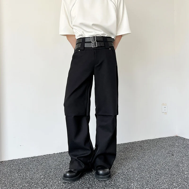 Модные Корейские летние Новые повседневные однотонные Облегающие брюки с двойной талией для мужчин 2023 года, универсальные простые прямые брюки
