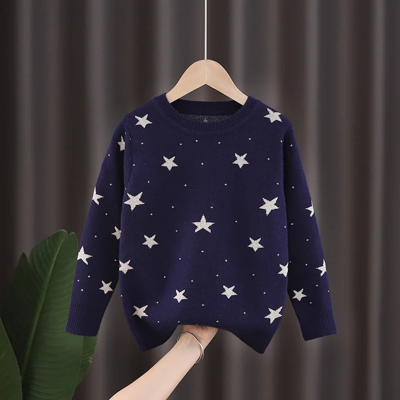 2022 Ins Новые зимние свитера для девочек, свитер со звездами, трикотаж, детская одежда