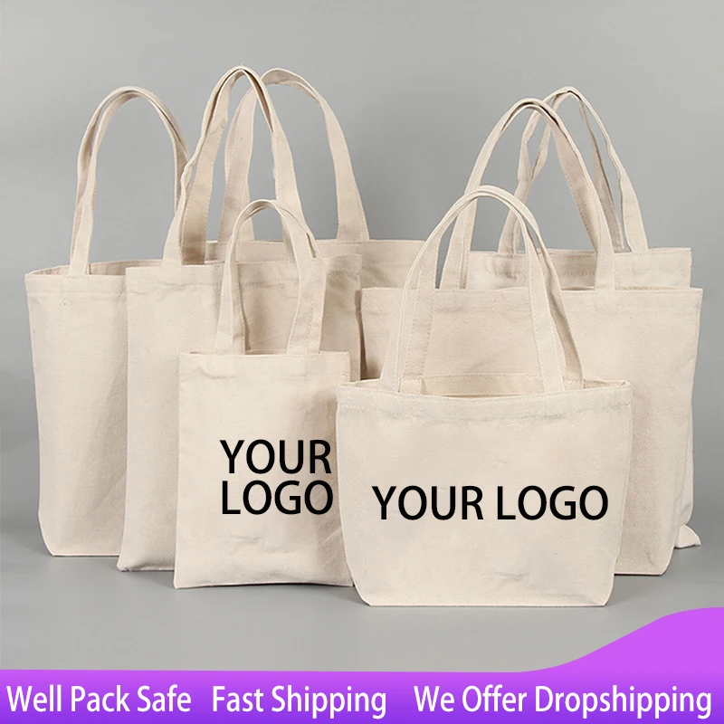 Холщовая сумка для покупок с индивидуальным рисунком, пустой логотип для печати, большая вместительная толстая экологичная сумка (плата за печать не включена)
