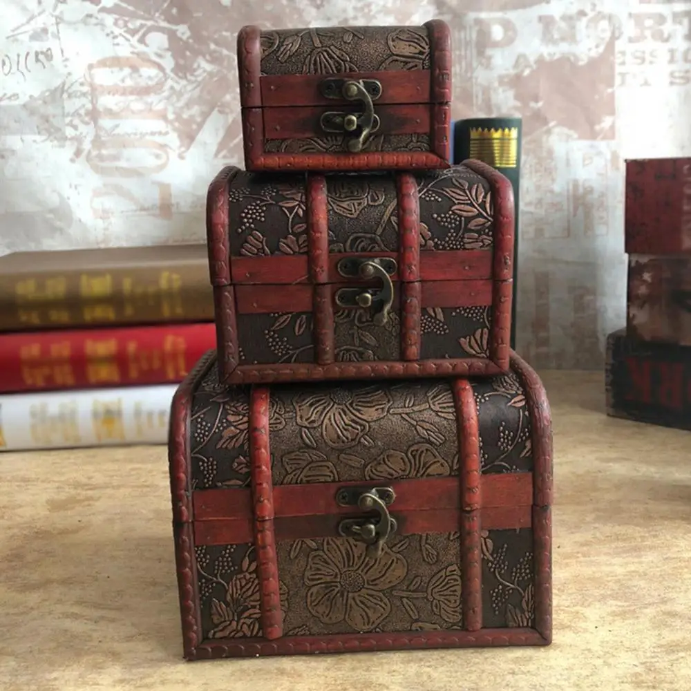 Деревянный сундук с сокровищами из 3шт, органайзер для хранения ювелирных изделий и косметики с замком
