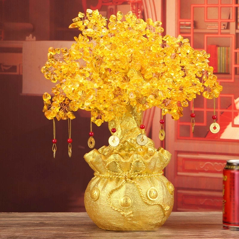 Большой Желтый кристалл Креативный Цитрин Счастливое дерево Китайский Фэн-шуй Счастливое Денежное дерево Дерево удачи для украшения рабочего стола домашнего декора