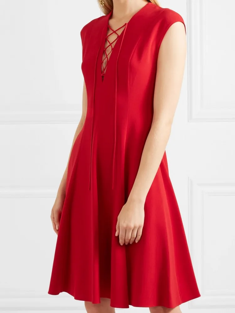 Шикарное и элегантное женское платье Летние красные платья с драпировкой 2023 года, новинка в продаже, сексуальные платья трапециевидной формы с V-образным вырезом и регулируемым воротником без рукавов