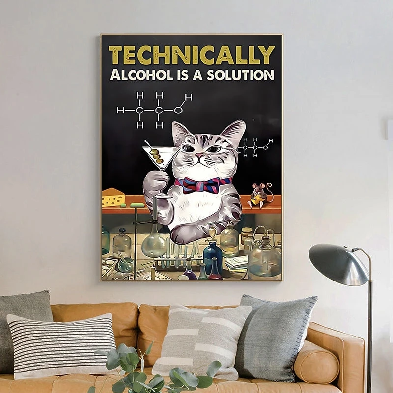 Технически Алкоголь - это решение, картины на стену с кошками, плакаты на холсте и принты, домашний декор, Куадрос для гостиной