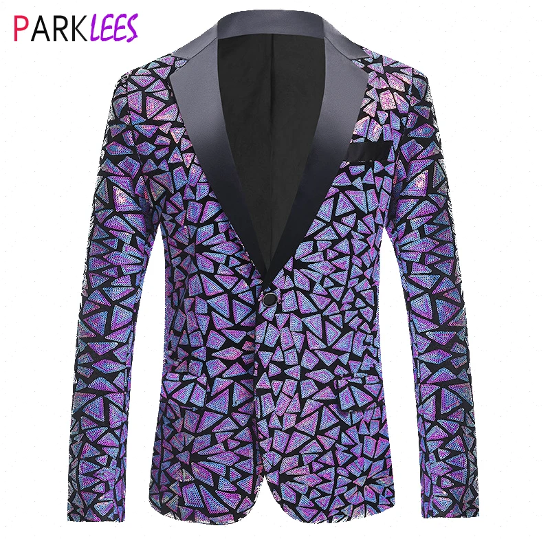 Фиолетовый блейзер с лазерными блестками, мужской приталенный пиджак на одной пуговице, мужской смокинг для вечеринки, для выпускного вечера, для певца, для свадебного банкета