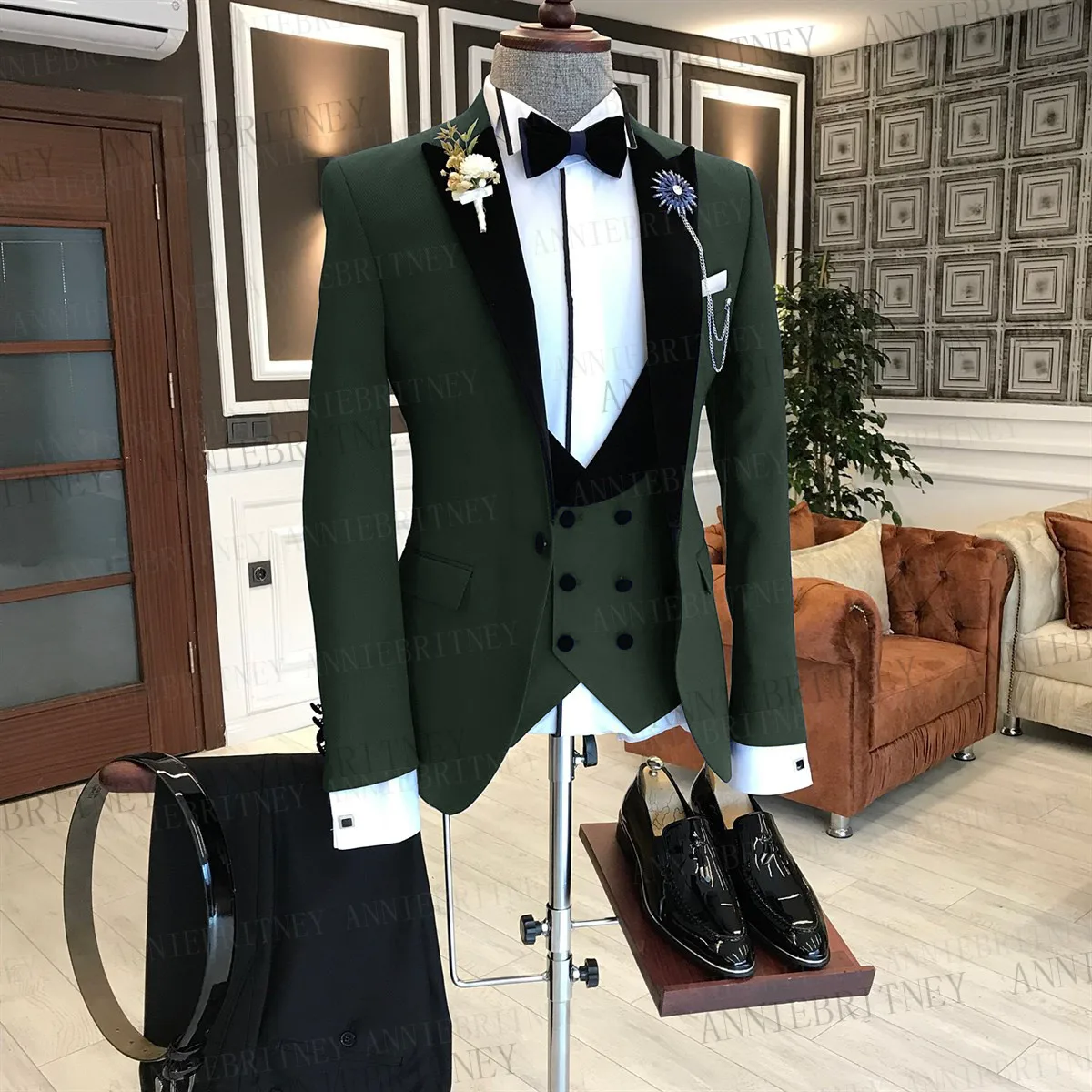 Официальный деловой Зеленый костюм для мужчин, 3 предмета, мужской пиджак, модный свадебный костюм жениха, Смокинг, элегантный праздничный блейзер, жилет, комплект брюк