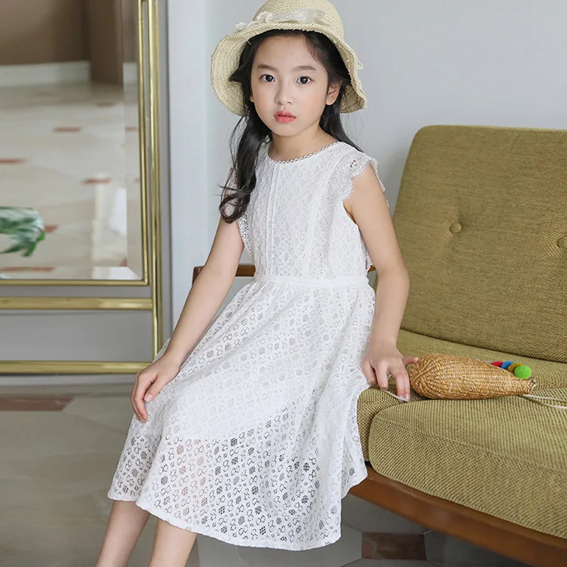 Летняя одежда для девочек 2020, новое кружевное платье для девочек без рукавов, белые платья принцессы для девочек-подростков DT037