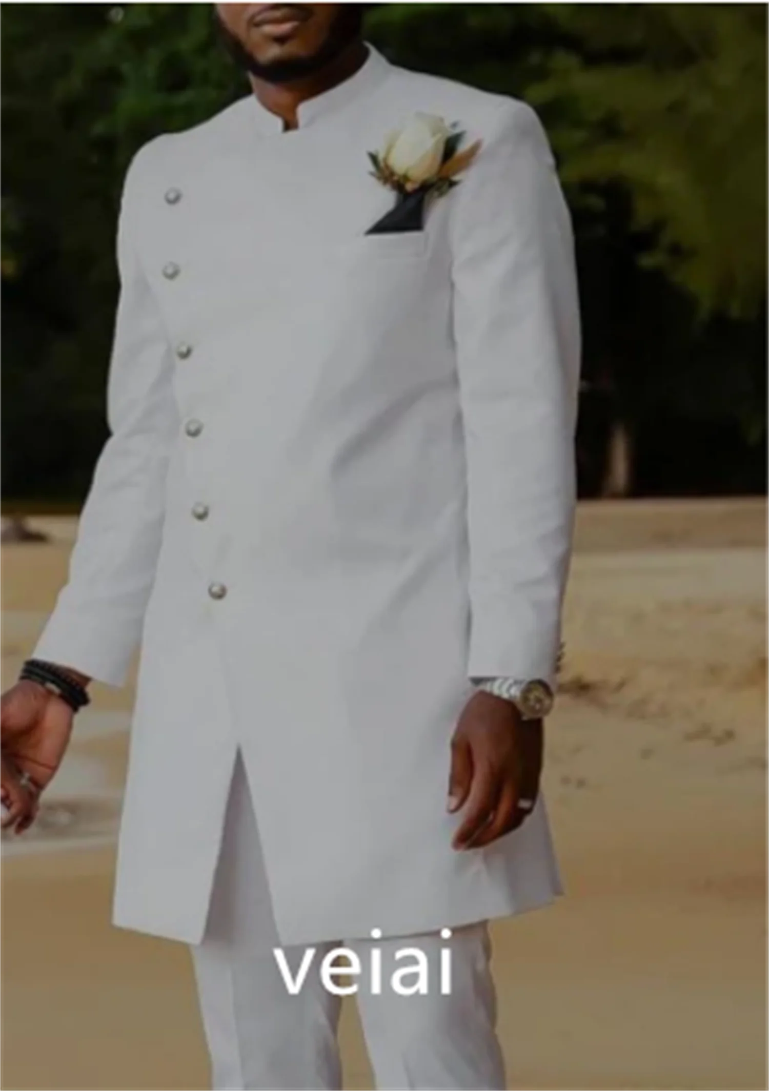 Туника, белые официальные мужские костюмы с воротником-стойкой, длинный жакет из 2 предметов, брюки, Свадебный смокинг для женихов, модные мужские костюмы 2022