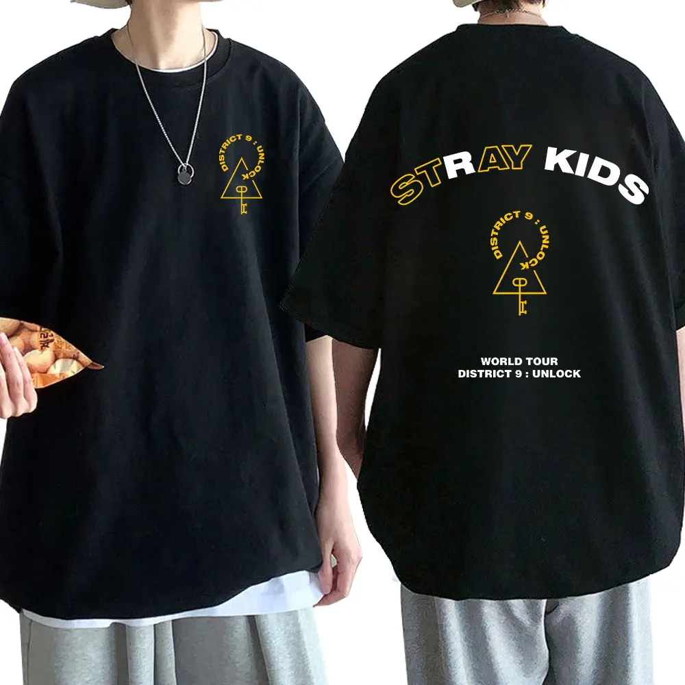 2020 Футболка Stray Kids, Концертная футболка District 9 Unlock, Мужская Футболка из 100% хлопка, Уличная одежда в стиле Хип-хоп, Футболки с коротким рукавом, KPOP Y2K