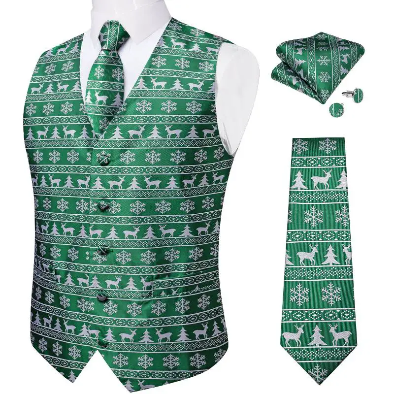 Дизайнерский Зеленый Серебристый Рождественский мужской костюм, жилет, Галстук, Носовой платок, запонки, шелковый жилет с принтом елки Лося и снежинки для вечеринки