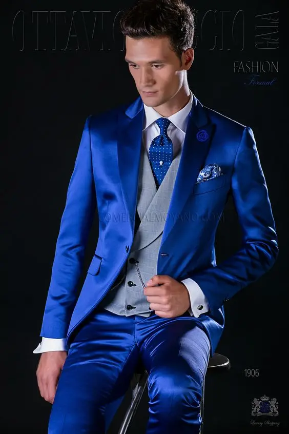 Классические Синие Атласные Мужские костюмы Серый Жилет Костюм Homme Slim Fit Смокинги Блейзер для выпускного вечера Terno Masculino 3 предмета в комплекте (Куртка + жилет + брюки)