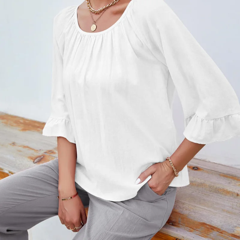 2023 Новая винтажная однотонная блузка с коротким рукавом и рюшами, женский топ, Летние женские повседневные блузки из хлопка и льна, Белые, розовые