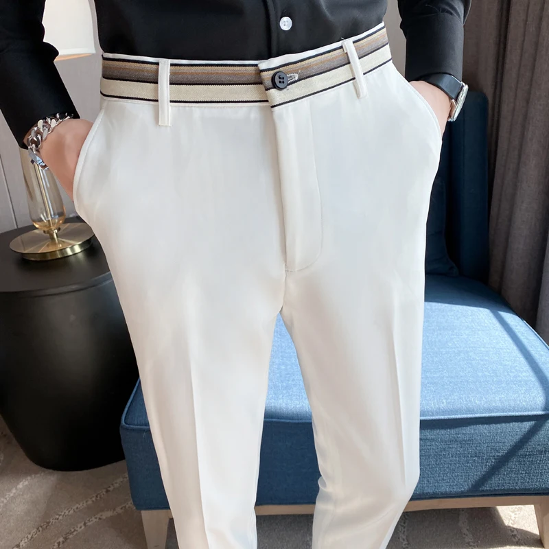 Pantalones Hombre, Черные / Белые Летние Однотонные Драповые костюмные брюки длиной до щиколоток, мужская одежда 2023, Повседневные брюки приталенного кроя, 35-29 лет