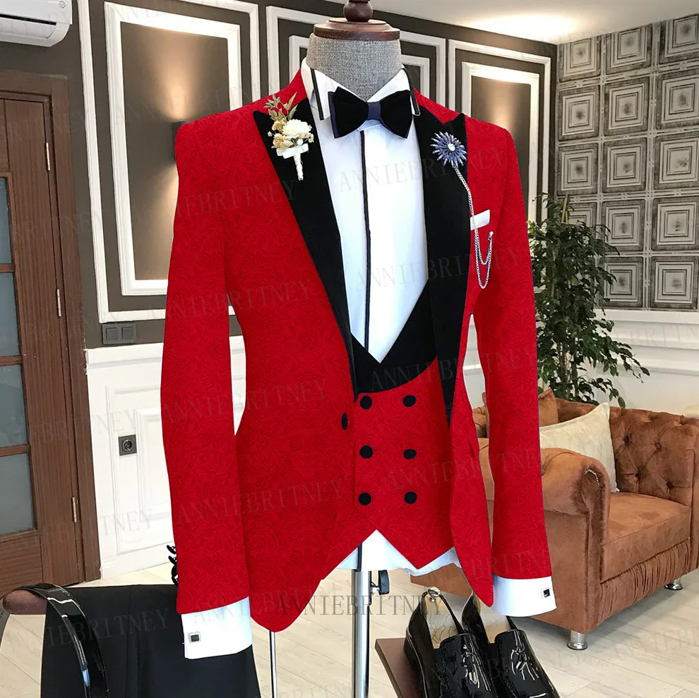 Новый деловой костюм Для мужчин, Жаккардовый красный жакет, Модный свадебный костюм Жениха, Смокинг, Блейзер, Двубортный жилет с брюками, комплект
