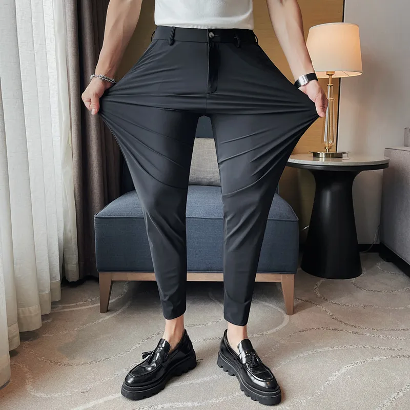 Черный / Серый Летний Деловой повседневный костюм длиной до щиколотки, брюки для мужчин, одежда 2023, Официальная одежда, Приталенные офисные прямые брюки 36