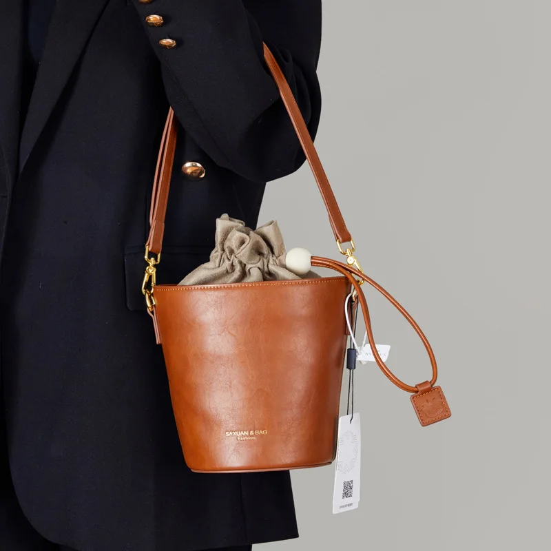 Брендовая дизайнерская женская сумка через плечо из искусственной кожи, ретро повседневная сумка-ведро через плечо, маленькая цилиндрическая сумочка, тренд 2023 года