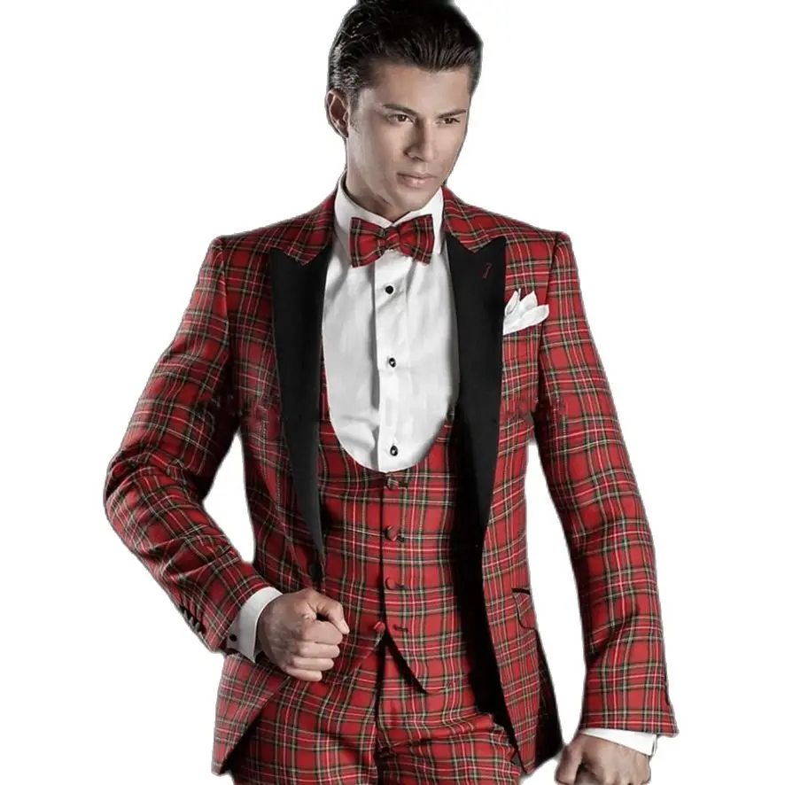 Рождественский костюм в красную шотландскую клетку, мужской костюм, приталенный Классический выпускной костюм с отворотом, Мужские костюмы из 3 предметов, Блейзер, Брюки, комплекты жилетов