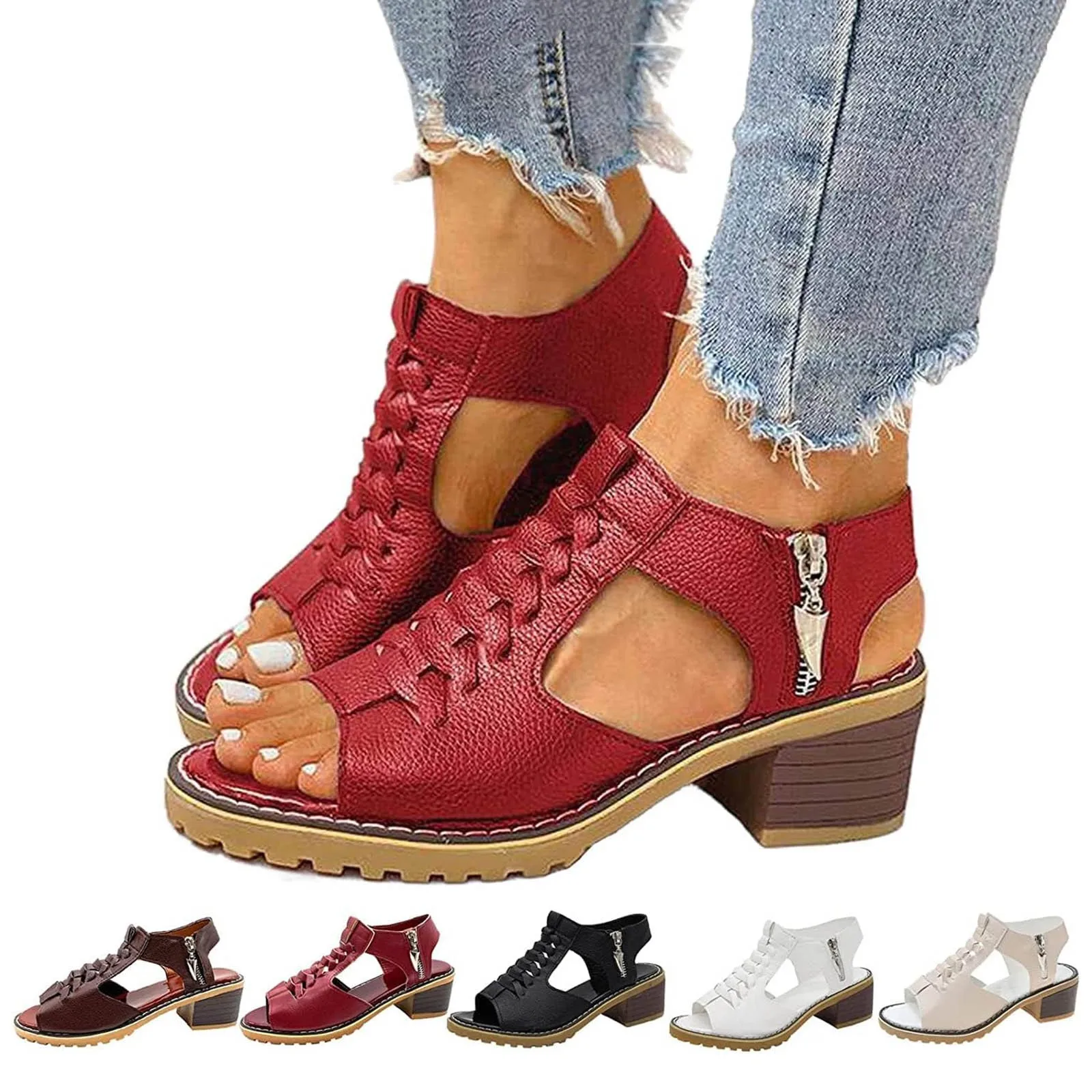Женские на платформе с открытым носком молния лодыжки ремень высокий каблук сандалии коренастый пятки сандалии, милые сандалии на каблуке для женщин